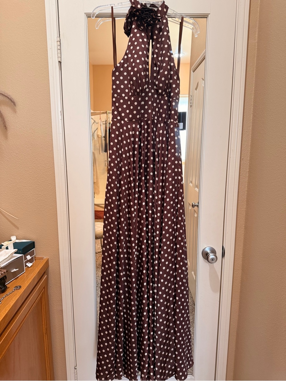 Brown Polka Dot Halter Maxi Dress